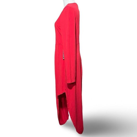EXPRESS Vibrant Red Dress, Asymmetrical Hem, Long Sleeves  Front Cut out, Size L - Picture 5 of 9